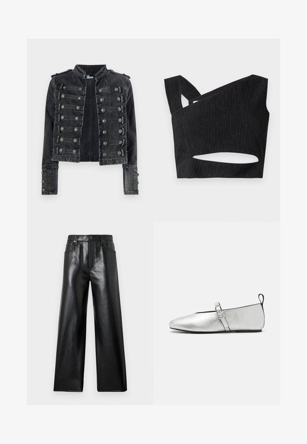 Čierna krátka vojenského štýlu rifľová bunda s kovovými gombíkmi a stojatým golierom, označená zvnútra ako The Kooples.; Čierny skrátený top s textúrovanou látkou, asymetrickým výstrihom a vystrihnutím v oblasti pásu. Má široké ramienka a priliehavý strih.; Čierne široké faux kožené nohavice s vysokým pásom, s predným gombíkom, zipsom a prednými i zadnými vreckami na svetlošedom pozadí.; rag & bone SPIRE MARY JANE - Balerínky s remienkom okolo členku - silver