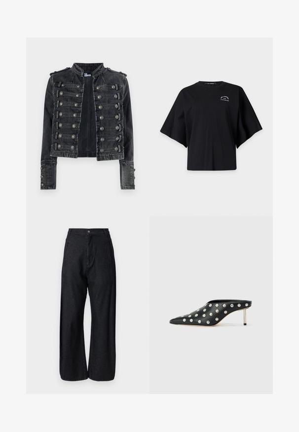 Chaqueta vaquera negra cortada estilo militar con detalles de botones metálicos y cuello alto, con la marca The Kooples en el interior.; Camiseta negra oversize de manga corta con cuello redondo y pequeño logo blanco de Karl Lagerfeld en la parte superior izquierda del pecho.; Henrik Vibskov SHADE PANTS - Pernera ancha - dark denim; STAND STUDIO KELSEY - Mules de tacón - black