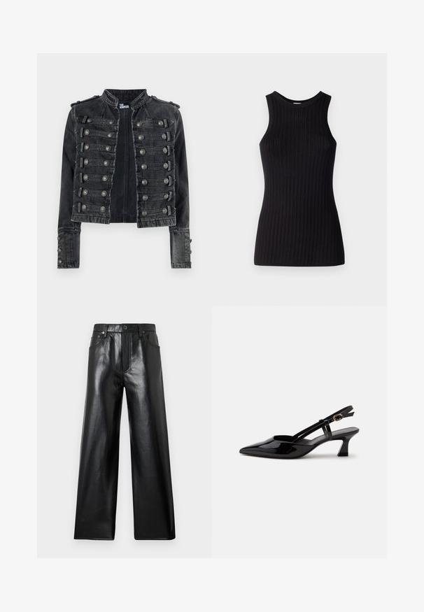 Schwarze, kurz geschnittene Denimjacke im Military-Stil mit metallischen Knopfdetails und Stehkragen, innen mit The Kooples gebrandet.; Schwarzes ärmelloses Oberteil mit gerippter Textur, rundem Ausschnitt, taillierter Form und glatter Oberfläche. Leichte Strickware.; Schwarze, weit geschnittene Kunstlederhose mit hoher Taille, vorne mit Knopf- und Reißverschluss sowie vorderen und hinteren Taschen vor hellgrauem Hintergrund.; Schwarzer Slingback-Pumps aus Lackleder mit spitzer Spitze und verstellbarem goldfarbenem Riemen auf weißem Hintergrund.