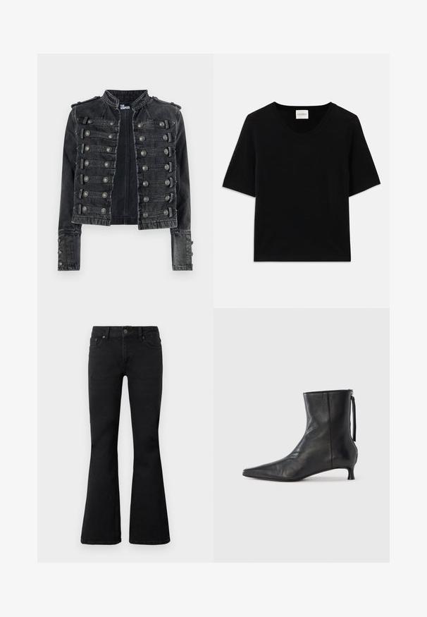 Schwarze, kurz geschnittene Denimjacke im Military-Stil mit metallischen Knopfdetails und Stehkragen, innen mit The Kooples gebrandet.; Schwarzes kurzärmeliges Strickoberteil mit Rundhalsausschnitt. Verfügt über eine glatte Textur und Rippdetails entlang des Ausschnitts und der Ärmel.; Schwarze High-Waist-Jeans mit vorderer Knopf- und Reißverschlussverschluss, zwei vorderen Taschen und weitem Bein, flach auf weißem Hintergrund ausgelegt.; Schwarzer Leder-Stiefelette mit spitz zulaufender Spitze, strukturierter Form und niedrigem Absatz. Verfügt über einen Seitenreißverschluss und ein minimalistisches Design.