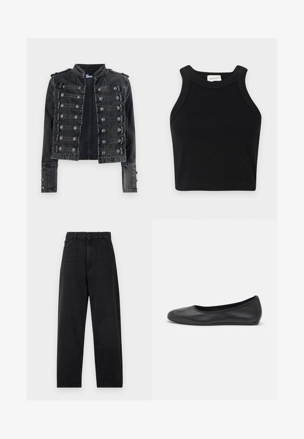 Schwarze, kurz geschnittene Denimjacke im Military-Stil mit metallischen Knopfdetails und Stehkragen, innen mit The Kooples gebrandet.; Schwarzes geripptes Cropped Top mit taillierter Passform, breiten Schulterträgern und einem dezenten Logo-Detail. Aus dehnbarem Material für höchsten Tragekomfort gefertigt.; Schwarze Jeans aus Denim mit hoher Taille, geradem Beinausschnitt, Knopfverschluss und klassischem Fünf-Taschen-Design. Glatte Textur mit dezentem Nähen.; Schwarze Leder-Ballettschuhe mit abgerundeter Spitze, glatter Textur, minimalen Nähdetails und einem flexiblen Sohlen-Design.