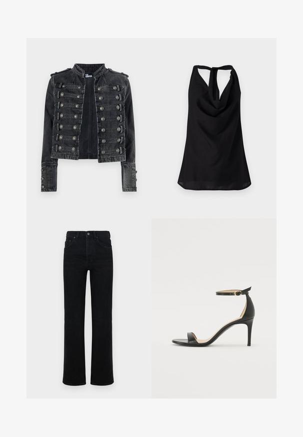 Zwarte cropped denim jas in militaire stijl met metalen knoopdetails en een opstaande kraag, aan de binnenkant merk The Kooples.; Zwarte mouwloze top met een gedrapeerde halslijn, een lage rug met een striksluiting en een vloeiende silhouwette. Gemaakt van lichtgewicht stof.; Zwarte denim jeans met een hoge taille, rechte pijpen, vijfzakken ontwerp en een sluiting met een knoop aan de voorkant. Gladde textuur, minimale detaillering.; Zwarte leren hoge hak sandaal met enkelbandje. Heeft een gladde textuur, open teen en een dunne hak. Gouden gesp detail.