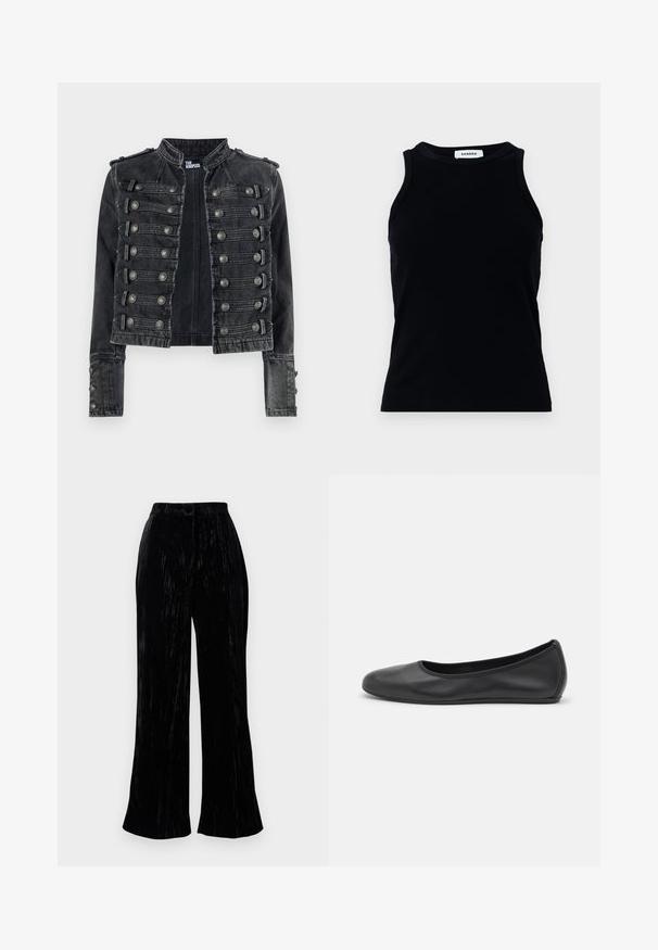 Sort cropped militærstil denimjakke med metalliske knapdetaljer og en stående krave, mærket indvendigt som The Kooples.; Sort ribbet tanktop med en rund halsudskæring og brede skulderstropper. Har ingen udsmykninger eller mønstre. Glat tekstur.; Sorte fløjls brede bukser med en blød tekstur, der har høj talje og subtile lodrette striber. Skræddersyet til en afslappet pasform.; Sort læderballetsko med rund tå, glat tekstur, minimal syning og et fleksibelt såldesign.