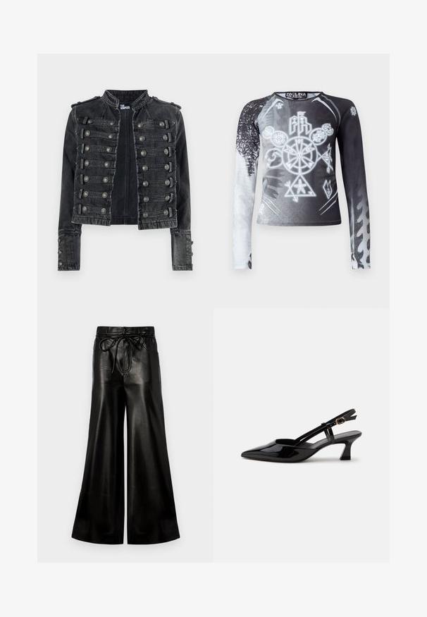 Sort cropped militærstil denimjakke med metalliske knapdetaljer og en stående krave, mærket indvendigt som The Kooples.; Langærmet top med sort og hvid gradient, der indeholder grafiske symboler i nuancer af grå. Fremstillet af glat, letvægtsstof.; Sorte læder bukser med bred ben og snøre i taljen. Glat tekstur, høj talje, løs pasform, med sidelommer og knaplukning.; Sort laklæderslingback med lille hæl, spids tå og justerbar guldlåsrem på hvid baggrund.