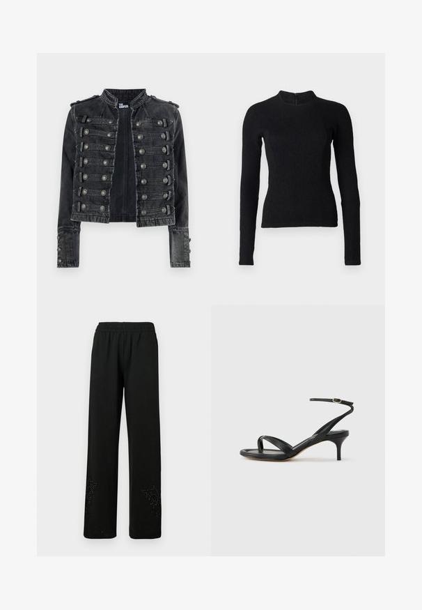 Sort cropped militærstil denimjakke med metalliske knapdetaljer og en stående krave, mærket indvendigt som The Kooples.; Sort langærmet top med en tætsiddende pasform, tekstureret stof og høj halsudskæring. Har en skjult lynlås på ryggen til lukning.; Sorte breddebenede bukser lavet af blødt stof, med elastisk talje og dekorativt naglede design ved kanten.; Sort damesandal i læder med tynde remme, en tå-loop, ankelspænde og en mellemhøj stiletthæl på en neutral baggrund.
