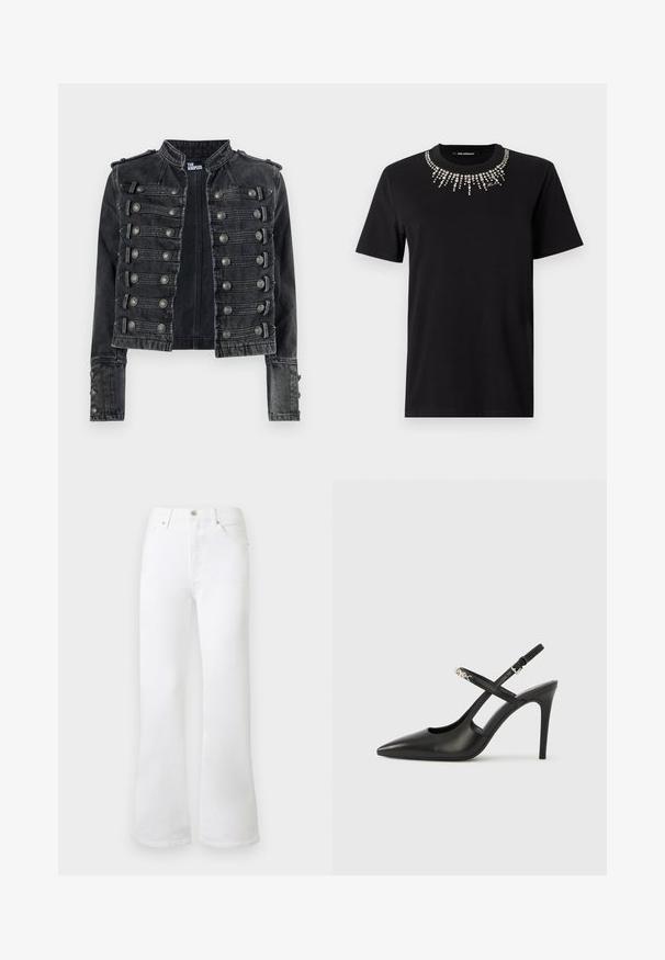 Zwarte cropped denim jas in militaire stijl met metalen knoopdetails en een opstaande kraag, aan de binnenkant merk The Kooples.; Zwart T-shirt met korte mouwen, gemaakt van katoen, met een decoratieve kraag van strass-steentjes in een stralend patroon. Lichtgewicht en nauwsluitend ontwerp.; Witte wijde broekspijpen jeans met hoge taille, voorste knoop- en ritssluiting en voor- en achterzakken, getoond tegen een neutrale lichte achtergrond.; Zwarte leren slingback pumps met hoge hak, puntige neus, opengewerkt ontwerp en verstelbare band met metalen beslag.