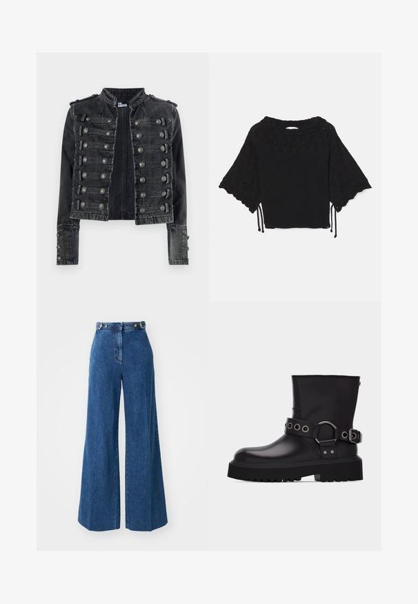 Zwarte cropped denim jas in militaire stijl met metalen knoopdetails en een opstaande kraag, aan de binnenkant merk The Kooples.; Zwarte gebreide top met korte mouwen, voorzien van een textuurpatroon, gegolfde mouwen en trekkoorddetails aan de zoom.; Wijde jeans in donkerblauwe denim met een hoge taille, voorzien van gouden knoopaccenten en gestikte details langs de zakken en naden.; Zwarte leren laars tot halverwege de kuit met dikke profielzool, decoratieve riem met zilverkleurige metalen oogjes en gesp aan de zijkant.