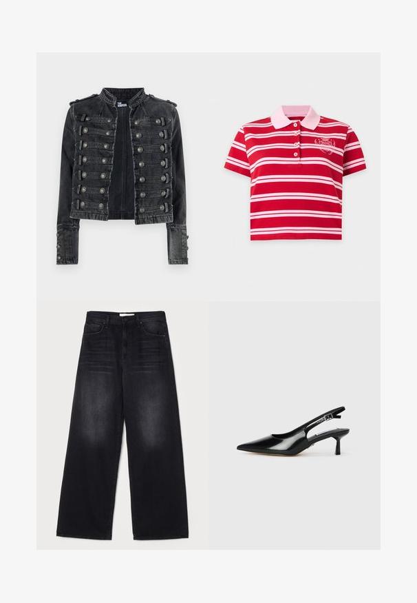 Schwarze, kurz geschnittene Denimjacke im Military-Stil mit metallischen Knopfdetails und Stehkragen, innen mit The Kooples gebrandet.; Rot und pink gestreiftes kurzärmeliges Poloshirt mit pinkem Kragen und weißem "Zadig"-Logo auf der linken Brust.; Mother THE SPINNER ZIP SNEAK - Jeans Relaxed Fit - black; Schwarze Lackleder-Slingback-Absätze mit spitzer Zehe, dünnem Absatz und verstellbarem Schnallenriemen. Glatte Textur mit minimaler Ausstattung.