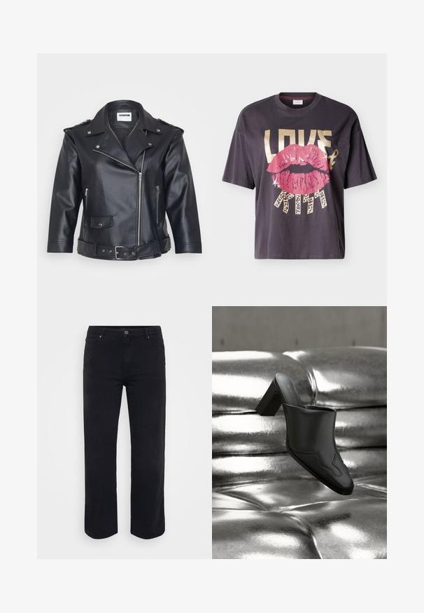 Sort lædermotorcykeljakke med spids krave, asymmetrisk lynlås, sidelommer og bælte i taljen. Tekstureret overflade og metallisk hardware.; Mørkegrå T-shirt med grafik af store pink læber og fed tekst, der lyder "LOVE & KISS" i beige og leopardmønstret skrift.; Sorte denimjeans med lige ben-design. Funktioner inkluderer en knaplukning i taljen, bæltestropper og front-/baglommer. Glat tekstur.; Sort lædermule med blokhæl hvilende på en skinnende sølvpolstret overflade, der fremhæver dens elegante design og buede detaljer.