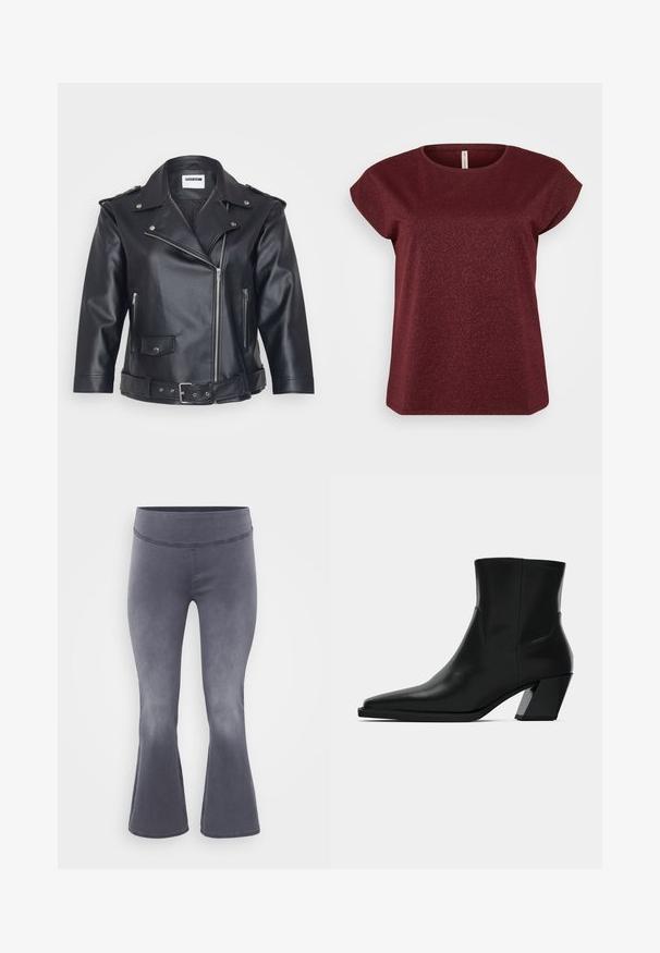 Chaqueta de moto de cuero negro con cuello con muescas, cremallera asimétrica, bolsillos laterales y cintura ajustada con cinturón. Acabado texturizado y herrajes metálicos.; Top de manga corta burdeos con escote redondeado, hecho de una tela texturizada que incluye sutiles acentos de brillo. Silueta limpia y sencilla.; Pantalones acampanados grises con una cinturilla ancha. Tejido suave con un ligero brillo, que va de oscuro en la parte superior a más claro hacia la parte inferior.; Bota de tobillo de cuero negro con punta afilada, una silueta elegante y un tacón cuadrado grueso. Textura suave con detalles de costura mínimos.