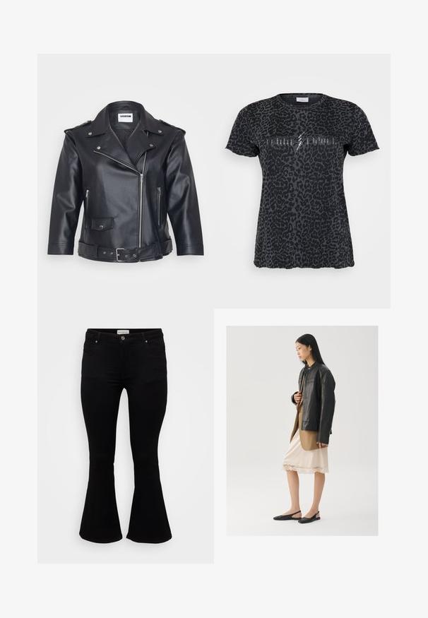 Veste de moto en cuir noir avec un col cranté, une fermeture éclair asymétrique, des poches latérales et une taille ceinturée. Fini texturé et quincaillerie métallique.; ONLY Carmakoma CARMIKO WASHED SS REG TEE JRS - T-shirt imprimé - phantom; Jeans évasés noirs en denim doux, avec une taille cintrée, des poches avant et un ourlet évasé pour un ajustement décontracté.; Veste en cuir noir portée sur un haut marron, associée à une robe légère crème à bretelles avec bordure en dentelle et des chaussures slingback noires.