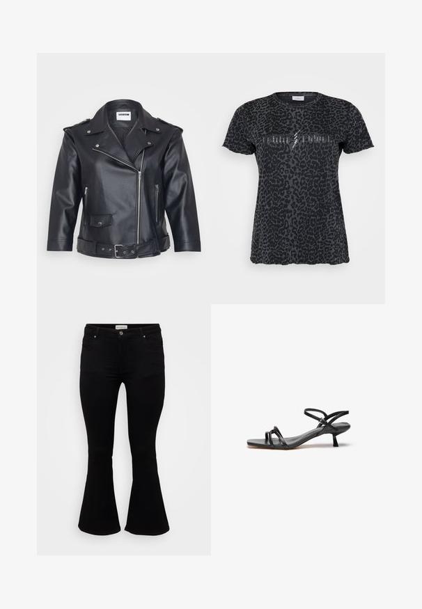Chaqueta de moto de cuero negro con cuello con muescas, cremallera asimétrica, bolsillos laterales y cintura ajustada con cinturón. Acabado texturizado y herrajes metálicos.; ONLY Carmakoma CARMIKO WASHED SS REG TEE JRS - Camiseta estampada - phantom; Jeans de campana negros fabricados en denim suave, con cintura ajustada, bolsillos frontales y un dobladillo acampanado para un ajuste relajado.; Sandalia de cuero negro con un diseño elegante y minimalista. Presenta dos correas delgadas y un pequeño tacón inclinado. Textura suave y punta abierta.