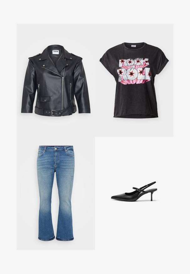 Chaqueta de moto de cuero negro con cuello con muescas, cremallera asimétrica, bolsillos laterales y cintura ajustada con cinturón. Acabado texturizado y herrajes metálicos.; Camiseta negra de manga corta con puños enrollados y texto "Rock Roll" en blanco y rosa con estrellas rojas y diseño de un rayo.; Vaqueros acampanados de color azul claro con textura de mezclilla, diseño de cinco bolsillos, cierre de botón de latón y desgaste en los muslos y la parte inferior de las piernas.; Zapatos de tacón slingback de cuero negro con punta afilada, correa ajustable delgada y un tacón de aguja de aproximadamente 5 cm, textura suave.
