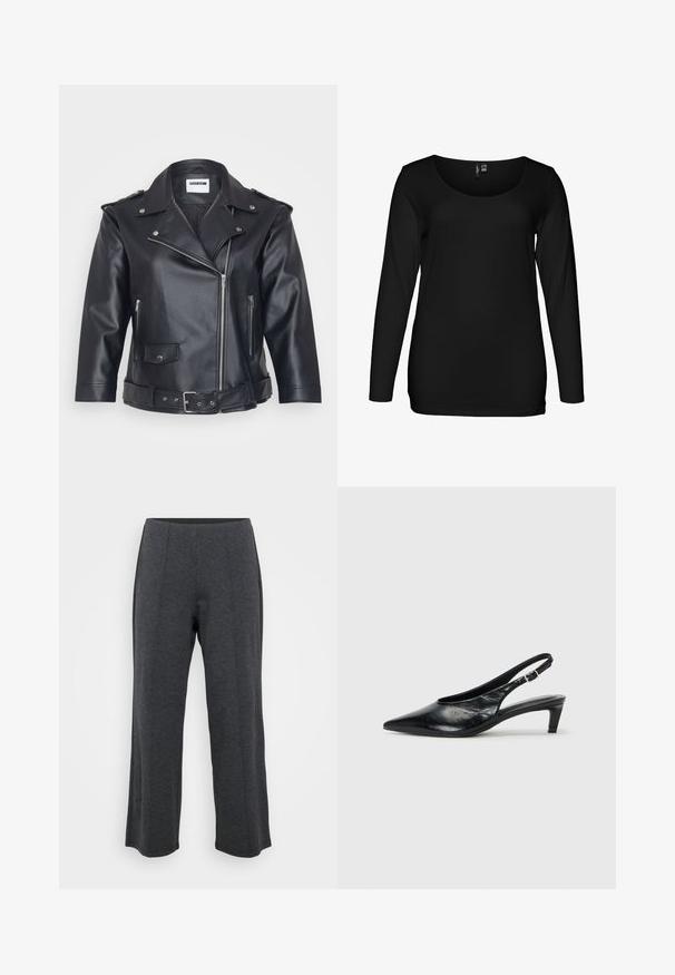 Chaqueta de moto de cuero negro con cuello con muescas, cremallera asimétrica, bolsillos laterales y cintura ajustada con cinturón. Acabado texturizado y herrajes metálicos.; Camiseta negra de manga larga confeccionada con una tela lisa y ligera. Presenta un cuello redondo y una silueta ajustada.; Pantalones de pierna ancha en gris oscuro, hechos de una tela suave y elástica. Presentan una cinturilla suave y un frente plano con pliegues sutiles para un detalle adicional.; Tacón de piel negra tipo slingback con punta afilada, tacón bajo tipo kitten y correa ajustable con hebilla. Textura suave con un detalle mínimo.