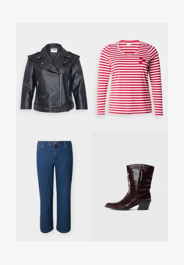 Chaqueta de moto de cuero negro con cuello con muescas, cremallera asimétrica, bolsillos laterales y cintura ajustada con cinturón. Acabado texturizado y herrajes metálicos.; Camiseta de manga larga con rayas rojas y blancas. Presenta un cuello redondo y tres pequeños corazones de fieltro en el pecho. Tela suave.; Vaqueros azules de mezclilla con corte recto, cierre frontal de botones y cremallera, estilo de cinco bolsillos y costuras visibles sobre un fondo claro.; Botines de cuero burdeos con punta afilada, superficie texturizada y tacón bajo cónico. Presentan costuras sutiles y un ajuste ceñido.