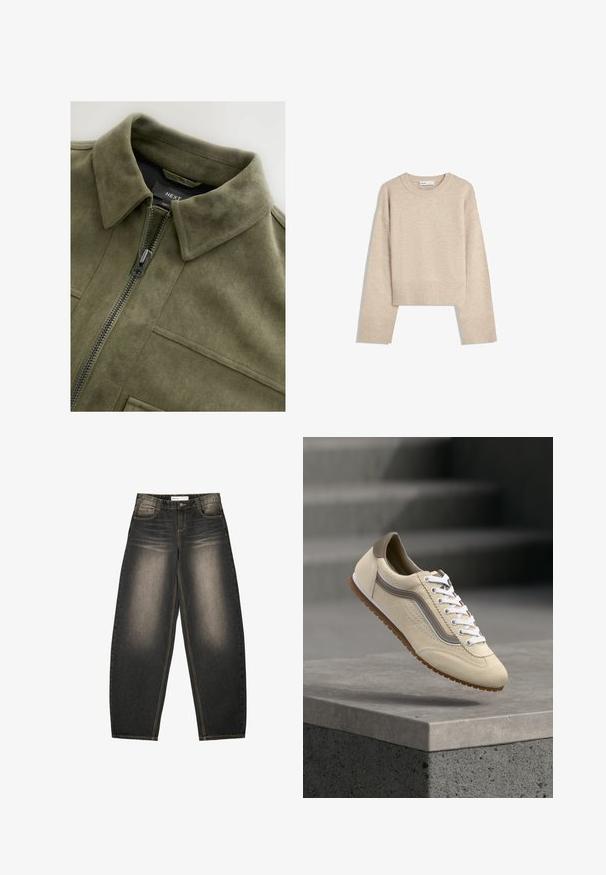Olivengrøn suede-jakke med krave, frontlynlås og to brystlommer. Glat tekstur med subtile syninger.; Beige cropped sweater lavet af blød strik. Har rund halsudskæring, lange ærmer samt ribbede manchetter og kant for ekstra tekstur.; Grå denim bredbenede jeans med let lysning, fem lommer, kontraststing og en afslappet pasform. Ingen synlige mønstre eller udsmykninger.; Beige ruskindsneaker med hvide snørebånd og brun sål, der svæver over en grå betonopkant mod en sløret trapp baggrund.