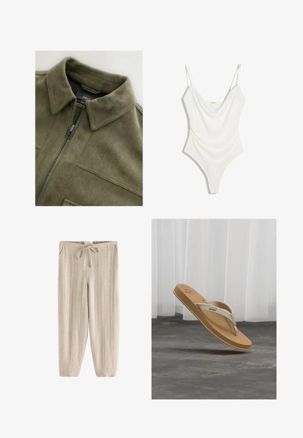 Olivengrøn suede-jakke med krave, frontlynlås og to brystlommer. Glat tekstur med subtile syninger.; Hvid ærmeløs bodystocking med tynde dobbelte skulderstropper og en draperet krave, designet til tætsiddende brug.; Beige hørbukser med elastik i taljen, snøre, sidelommer og lige, vide ben.; Tan- og beige flip-flop sandal med tekstureret sål og stofstropper, placeret mod en grå gulv- og hvid gardinbaggrund.