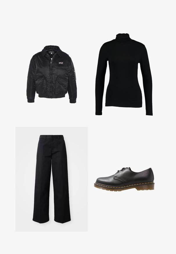 Veste bomber noire, en satin, fermeture éclair, deux poches frontales et une poche sur la manche. Dotée d'un patch logo Schott sur la poitrine.; T-shirt noir à manches longues et col roulé en tissu lisse, avec une coupe ajustée et un col haut, idéal pour les superpositions ou à porter seul.; Pantalons larges noirs en tissu de coton doux. Dotés d'une taille classique, de poches latérales et d'une coupe droite jusqu'à l'ourlet.; Chaussure noire en cuir à lacets avec un bout arrondi et une semelle épaisse translucide. Présente des coutures jaunes le long du bord de la semelle. Texture lisse.