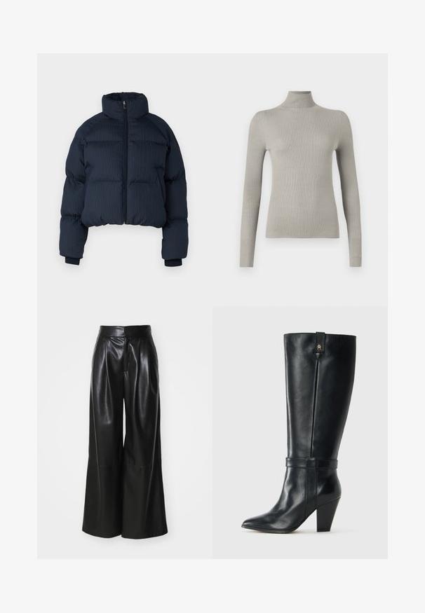 Veste matelassée marine avec une texture côtelée, un col haut et une fermeture éclair à l'avant. Design cropped avec des poignets élastiques. Convient pour le temps frais.; Pull à col roulé côtelé gris clair avec des manches longues. Texture douce, design ajusté, doté d'un col haut et d'une finition sans couture.; Pantalons large en faux cuir noir, taille haute, avec un devant plissé et une texture lisse. Caractéristiques d'un design épuré et minimaliste.; Botte en cuir noire mi-mollet avec bout pointu, talon bloc, sangle décorative autour de la cheville et petit logo en métal près du bord supérieur.