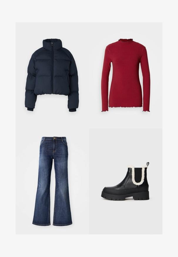 Veste matelassée marine avec une texture côtelée, un col haut et une fermeture éclair à l'avant. Design cropped avec des poignets élastiques. Convient pour le temps frais.; Haut rouge à manches longues avec une texture côtelée, un col montant haut et des bords froncés. Design ajusté sans fermeture visible ni motifs.; Jean évasé bleu marine en denim avec fermeture à bouton à l'avant, deux poches avant et décoloration minimale le long des cuisses et de l'ourlet.; Bottines noires en cuir avec une semelle épaisse en plateforme, dotées d'une bordure en fausse fourrure et de panneaux latéraux élastiques pour un enfilage facile. Semelle en caoutchouc noir texturé.