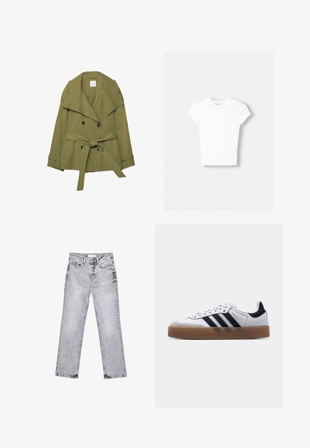 Veste croisée vert olive avec larges revers, boutons sur le devant, ceinture nouée en nœud à la taille et pattes de serrage aux manches longues.; T-shirt blanc à manches courtes en coton doux, avec un col rond et une coupe ajustée. Pas de motifs ni d'ornements visibles.; Jean en denim gris avec une coupe droite, des détails déchirés, cinq poches et des rivets en cuivre. La ceinture présente une étiquette de logo.; Baskets en cuir blanc avec des rayures noires, semelle extérieure en caoutchouc beige, bout rond, fermeture lacée et embout en suède gris doux.