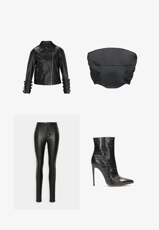 faina Chaqueta de cuero - black; Top corto de piel sintética negra con textura arrugada y forma estructurada, que presenta una superficie suave y detalles de costura mínimos.; ONLY Tall ONLSIGGA - Jeggings - black; Botines de cuero negro hasta el tobillo con textura de cocodrilo, punta afilada y un alto tacón stiletto, con un acabado brillante.
