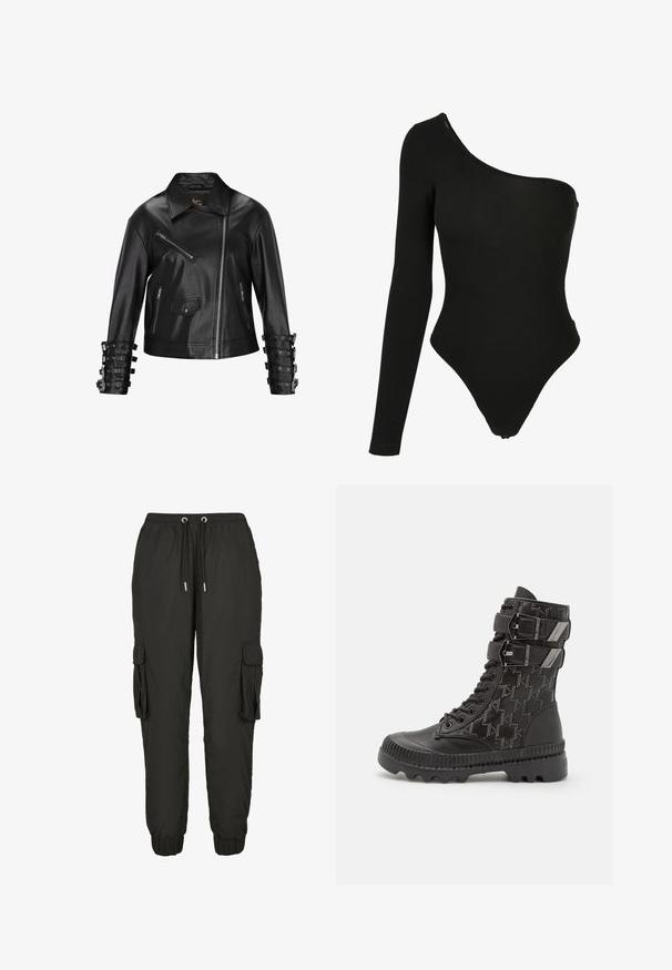 faina Chaqueta de cuero - black; Bodysuit negro de un solo hombro hecho de tela elástica, con una manga larga en un lado, aberturas de pierna de corte alto y un diseño ajustado.; Pantalones cargo negros hechos de material ligero, con una cintura elástica, cordón ajustable, bolsillos laterales y puños acanalados.; Botas de combate negras con parte superior texturizada que presenta un patrón de pata de gallo, dos correas ajustables y una suela robusta.
