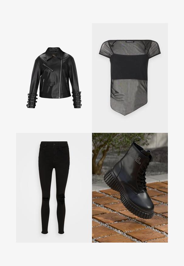 faina Chaqueta de cuero - black; Top de malla negra transparente con escote cuadrado, mangas cortas tipo capa y dobladillo asimétrico.; American Eagle SUPER HIGH RISE - Jeggings - black wash; Bota de cuero negro con suela gruesa estriada, cordones y logotipo de strass "KARL" en el lateral, flotando sobre un pavimento de madera y grava.