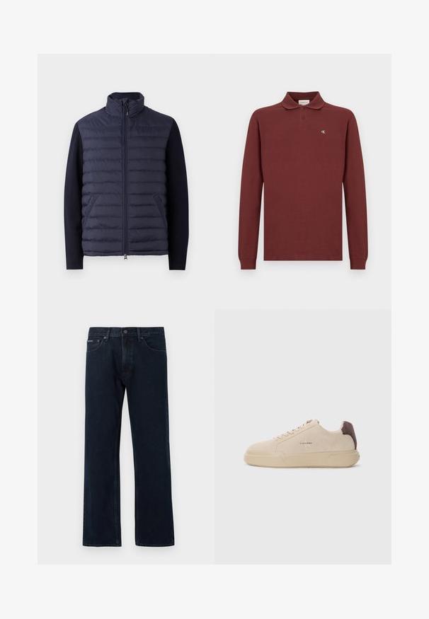 Marine pufferjack met een hoge kraag, ritssluiting aan de voorkant en een met padding gevuld lichaam. Gebreide mouwen en zijzakken zorgen voor een textuurcontrast.; Bordeaux lange mouwen polo shirt van katoen, met een klassieke kraag, een drie-knopen sluiting en een klein geborduurd logo op de borst.; Donkerblauwe jeans met rechte pijpen, voorste knoop- en ritssluiting, voorzakken en riemlussen.; Beige suède sneakers met een ronde neus, vetersluiting aan de voorkant en een bruine suède accent op de hiel. Beschikt over een gestructureerde rubberen zool.