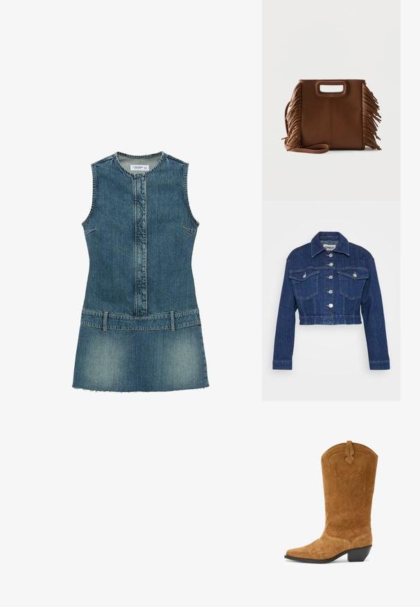Afskåret denimjakke i mørkeblå, med krave, sølv hardware, to brystlommer og knaplukning foran.; Ærmeløs blå denim mini kjole med rund halsudskæring, front søm, bæltestropper og falmet detaljering på nederdelsområdet.; Brune ruskinds cowboystøvle med spids tå, buet topkant, dekorativ søm og en lav stablet hæl. Den strukturerede overflade har blomstermønstre.; Brun lædertaske med rektangulære udskårne håndtag, lang rem og frynser på begge sider mod en ensfarvet baggrund.