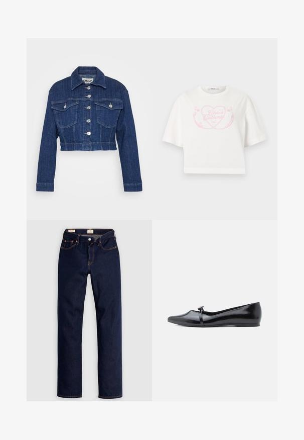 Korte spijkerjack in donkerblauw, met een kraag, zilverkleurige hardware, twee borstzakken en knoopsluiting aan de voorkant.; Witte cropped T-shirt met roze hart en chilipeper afbeelding en de tekst "Chica Caliente" gecentreerd op de borst.; Donkerblauwe jeans met rechte pijpen, oranje stiksels, vijf zakken en knoopsluiting, plat neergelegd op een lichte achtergrond.; Zwarte lakleren balletflat met een spitse neus, decoratieve riem en een gladde textuur. Minimalistisch ontwerp zonder zichtbare accenten.