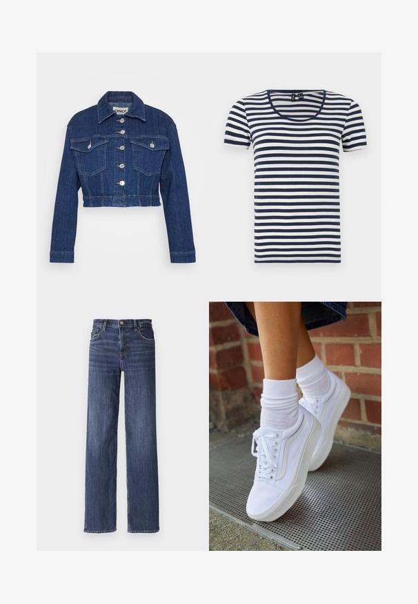 Afskåret denimjakke i mørkeblå, med krave, sølv hardware, to brystlommer og knaplukning foran.; Stribet T-shirt med korte ærmer, der har marineblå og hvide vandrette striber, en rund halsudskæring og et blødt bomuldsstof.; Mørkeblå denim jeans i en lige ben-design, med knaplukning, fem-lomme stil og diskrete falminger på forsiden.; Hvide lærreds sneakers med gummisåler, der har seks snørehuller, rund tå og let sømdetaljer, krydret med hvide ankelstrømper.