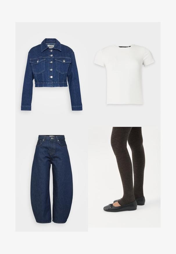 Afskåret denimjakke i mørkeblå, med krave, sølv hardware, to brystlommer og knaplukning foran.; Hvid kortærmet ribstrikket t-shirt med rund halsudskæring, vist på en ensartet lys grå baggrund.; Mørkeblå denimjeans med en bred, afslappet pasform. Har lynlås, fire lommer og kontrastsyet syning langs sømmene.; Ben iført mørke ribbede leggings kombineret med sorte balletsko med små sløjfedetaljer på hvid baggrund.