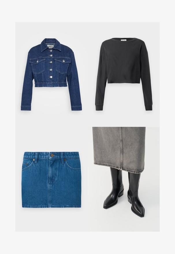 Afskåret denimjakke i mørkeblå, med krave, sølv hardware, to brystlommer og knaplukning foran.; Sort cropped langærmet skjorte med rund hals og ribbede manchetter på hvid baggrund.; Blå denim mini nederdel med forreste knapper, bæltestropper og to forlommer mod en enkel hvid baggrund.; Sorte læder cowboy støvler med spids tå og kraftig hæl, der har en glat finish og slankt design, parret med en grå nederdel.