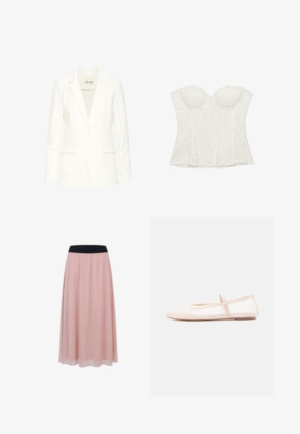 Blazer blanc ajusté avec poches avant, revers à cran et fermeture à un bouton. Tissu lisse et structuré avec une finition nette.; Bustier blanc sans bretelles en dentelle avec bonnets moulés et baleinage vertical.; Jupe rose longueur cheville avec une couche extérieure transparente et une large ceinture élastique noire.; Ballerines avec une tige en mesh beige transparent et une bride en satin, dotées d'un bout arrondi et d'une semelle basse marron. Design léger et flexible.