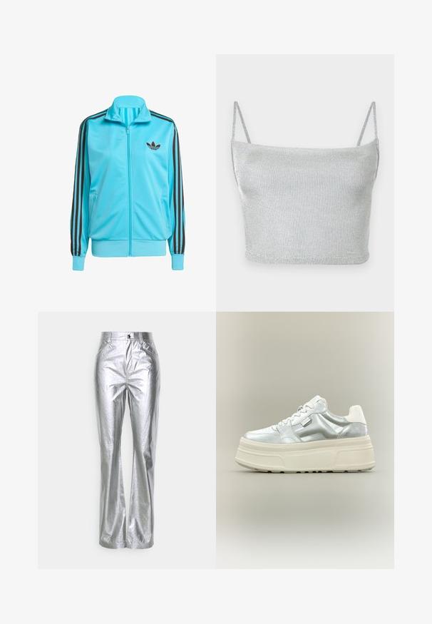 Modrá zapínacia bunda vyrobená z hladkého polyesteru, s hnedými trojpruhovými detailmi na rukávoch a jemným logom na hrudi.; Strieborný metalický pletený crop top s tenkými nastaviteľnými ramienkami. Priliehavý strih a hladká textúra. Žiadne vzory ani viditeľné kovové detaily.; Gina Tricot Tall TROUSERS - Nohavice - silver-coloured; Robustná platformová teniska s kovovým strieborným zvrškom, bielymi šnúrkami a hrubou krémovou textúrovanou podrážkou, zobrazená z bočného profilu na neutrálnom pozadí.