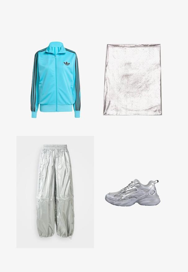 Blauwe ritsjas van soepel polyester, met bruine drie-streepdetails op de mouwen en een subtiel logo op de borst.; Metaalachtig zilverkleurig stof met een gladde textuur en een lichte glans. Rechthoekige vorm, randen netjes gestikt, geen opvallende patronen of accenten.; Zilveren lichtgewicht cargo-broek met een glanzende textuur, elastische tailleband, gebonden manchetten en twee grote zijzakken.; Zilveren en grijze mesh sportschoen met dikke gevoerde zool en vetersluiting, getoond vanaf de buitenkant op een witte achtergrond.
