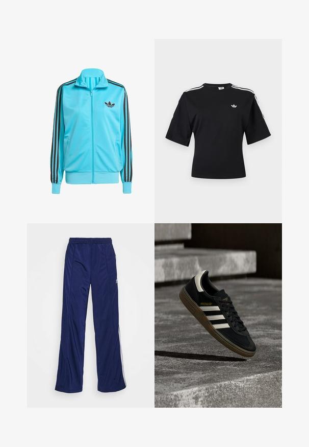 Blauwe ritsjas van soepel polyester, met bruine drie-streepdetails op de mouwen en een subtiel logo op de borst.; Zwart Adidas T-shirt met korte mouwen, witte drie-strepen details op de schouders en een klein wit Adidas trefoil logo op de borst.; Marine blauwe sportbroeken met een elastische tailleband, rechte pijpen en zijritsen. Heeft witte piping langs de zijkanten. Soepele stofstructuur.; Zwarte Adidas sneaker met witte strepen en gumzool die boven grijze betonnen trappen zweeft in natuurlijk licht.