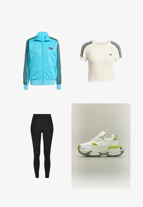 Blå zip-up jakke lavet af glat polyester, med brune tre-stribes detaljer på ærmerne og et diskret logo på brystet.; Kremfarvet strikket crop top med tekstureret stof, korte ærmer og sorte stribede detaljer på skuldrene. Har en lille sort logo.; Sorte leggings med høj talje, der har hvide striber på siderne, lavet af et strækbart stof for komfort og fleksibilitet.; Hvide og lysegrønne chunky sneakers med tyk sål, snørebånd foran og trækstropper på tunge og hæl, vist på neutral baggrund.