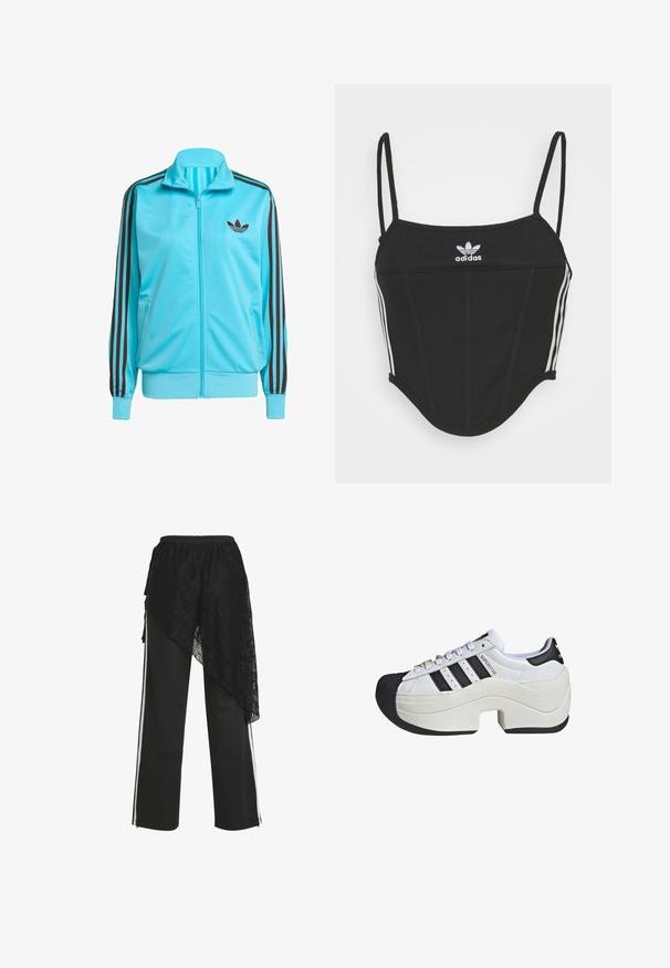Blauwe ritsjas van soepel polyester, met bruine drie-streepdetails op de mouwen en een subtiel logo op de borst.; Zwarte geribbelde crop top met verstelbare dunne bandjes, voorzien van drie witte strepen aan de zijkanten en een klein wit Adidas-logo in het midden.; Zwarte broek met wijde pijpen, witte zijstrepen en een asymmetrische zwarte kanten overlay gedrapeerd aan de linkerkant.; Chunky witte sneakers met zwarte accenten, uitgevoerd met een ontwerp van drie strepen, een afgeronde neus, een unieke dikke zool en decoratieve veterogen.