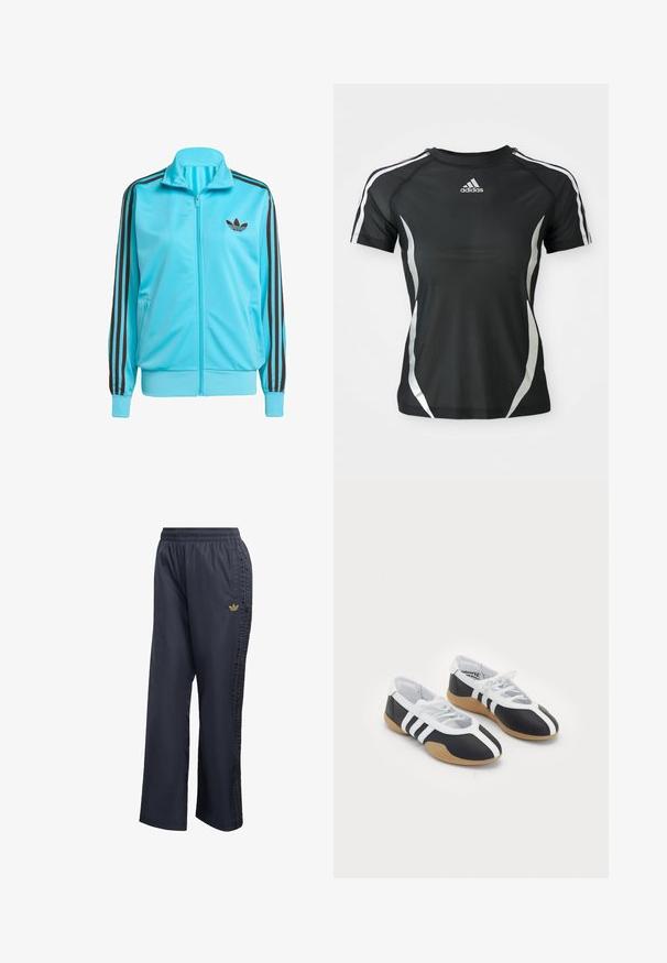 Blå zip-up jakke lavet af glat polyester, med brune tre-stribes detaljer på ærmerne og et diskret logo på brystet.; Sort Adidas atletisk T-shirt med korte ærmer, hvide striber på skuldrene og sølvfarvede buede detaljer på siderne.; Mørkeblå træningsbukser lavet af let materiale med elastisk talje og tre-stribe detaljer langs siderne. Guld logo detalje.; Sort-hvide sportsko med et slankt design, gummisål, snørebåndslukning og tre hvide striber på siden.