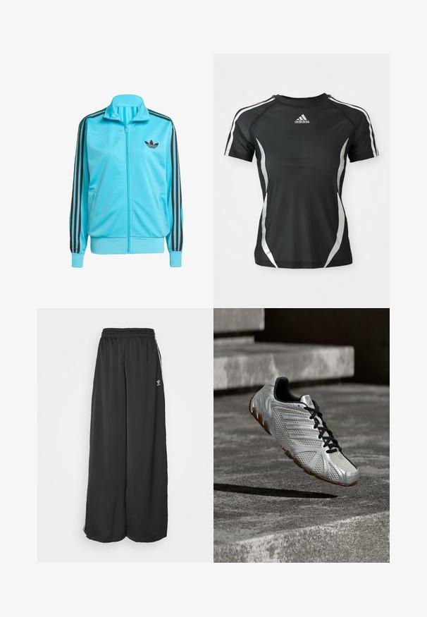 Modrá zapínacia bunda vyrobená z hladkého polyesteru, s hnedými trojpruhovými detailmi na rukávoch a jemným logom na hrudi.; Čierne športové tričko Adidas s krátkym rukávom, s bielymi pruhmi na ramenách a striebornými zakrivenými akcentmi po stranách.; Čierne široké tréningové nohavice vyrobené z hladkej látky. Obsahujú elastický pás a bočné pruhy s logom.; Strieborná a čierna športová obuv Adidas s textúrovaným dizajnom a hnedou podrážkou, visiaca nad sivým betónovým povrchom a schodmi.