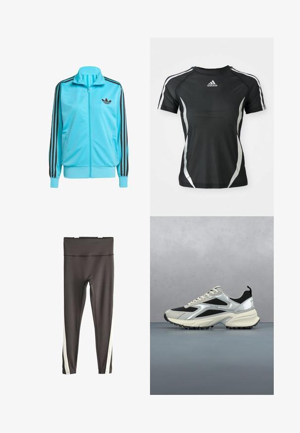 Modrá zapínacia bunda vyrobená z hladkého polyesteru, s hnedými trojpruhovými detailmi na rukávoch a jemným logom na hrudi.; Čierne športové tričko Adidas s krátkym rukávom, s bielymi pruhmi na ramenách a striebornými zakrivenými akcentmi po stranách.; Čierne legíny s vysokým pásom a bielymi vertikálnymi pruhmi pozdĺž vonkajších strán oboch nôh, zobrazené položene na bielom pozadí.; Moderná čierno-strieborná teniska Calvin Klein visiaca nad drevenou dlažbou s rozmazaným vonkajším pozadím.