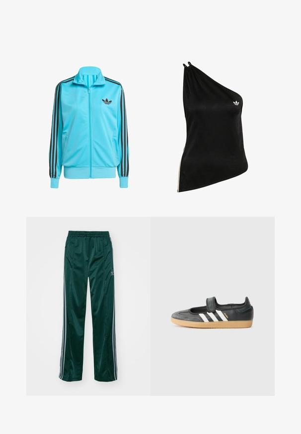 Blå zip-up jakke lavet af glat polyester, med brune tre-stribes detaljer på ærmerne og et diskret logo på brystet.; Sort ét-skulder top lavet af blødt, glat stof med et subtilt geometrisk mønster og en lille hvid logo på brystet.; Mørkegrønne træningsbukser lavet af skinnende materiale, med sidelister i lys grå og et broderet logo på venstre ben.; Sort læder- og ruskinds sneakers med en Velcro-rem, der har tre hvide striber og en gummisål, mærket "SAMBA" på siden.