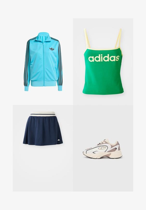 Modrá zapínacia bunda vyrobená z hladkého polyesteru, s hnedými trojpruhovými detailmi na rukávoch a jemným logom na hrudi.; Zelený tank top s žltými akcentmi, vyrobený z elastického materiálu. Má veľké žlté logo "adidas" na prednej strane a tenké ramienka.; Námornícky modrá sukňa vyrobená z mäkkého materiálu s bielym elastickým pásom, ktorý má dva námornícke pruhy a malé logo na spodnom leme.; Teniska s masívnou podrážkou v bielej, béžovej a sivej farbe. Vrchná časť z oka a syntetického materiálu má elegantný dizajn s kontrastnými čiernymi akcentmi.