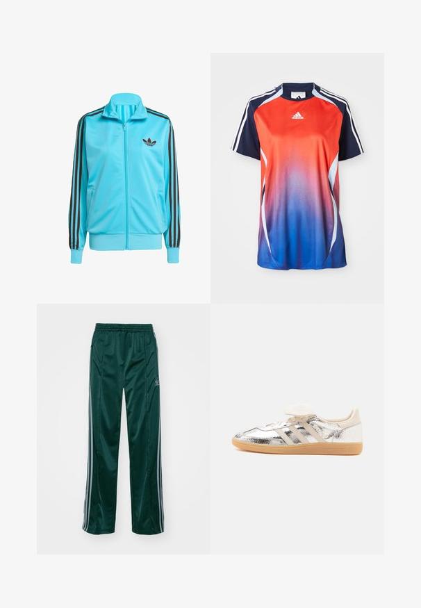 Sinine tõmblukuga jakk, mis on valmistatud sileda polüestri materjalist, sisaldades pruuni kolme triibu detailide aktsente varrukatel ja diskreetset logo rinnal.; Adidase lühikeste varrukatega spordipluus, millel on punasest siniseks üleminek, tumesinised aktsendid ja valged triibud õlgade äärte ümber.; Tumedad roheline sportpants, mis on valmistatud läikivast materjalist, külgedel on heledates hallides triipudes ja vasakul jalal on broderdatud logo.; Madala otsaga toss, millel on läikiv hõbedane pealsest materjal, beeži värvi kolm triipu, valged paelad ja pruun kummist tald, näidatud küljelt valgel taustal.