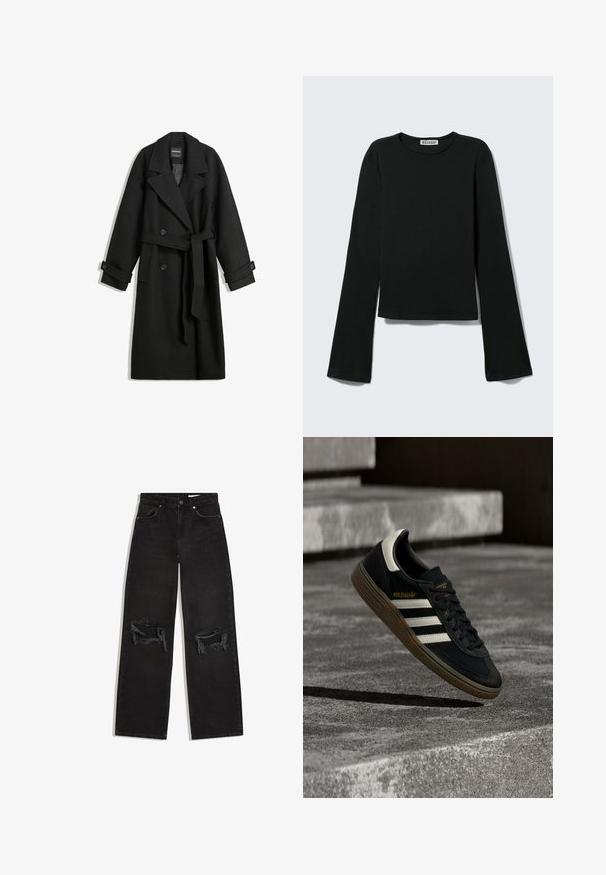 Schwarzer Wollmischungs-Mantel mit einem doppelt breiten Design, großen Revers, seitlichen Taschen und einem gebundenen Gürtel in der Taille. Mit Knopf-Akzenten.; Schwarzes Langarmshirt mit Rundhalsausschnitt, figurbetonter Silhouette und leicht ausgestellten Ärmeln, gekennzeichnet mit einem "Weekday" Markenetikett im Nacken.; Schwarze Denim-Jeans mit geradem Bein, mit abgenutzten, zerrissenen Löchern an beiden Knien, Vordertaschen und einem Bund mit Knopfverschluss.; Schwarzer Adidas-Sneaker mit weißen Streifen und Gummisohle schwebt über grauen Betonstufen im natürlichen Licht.