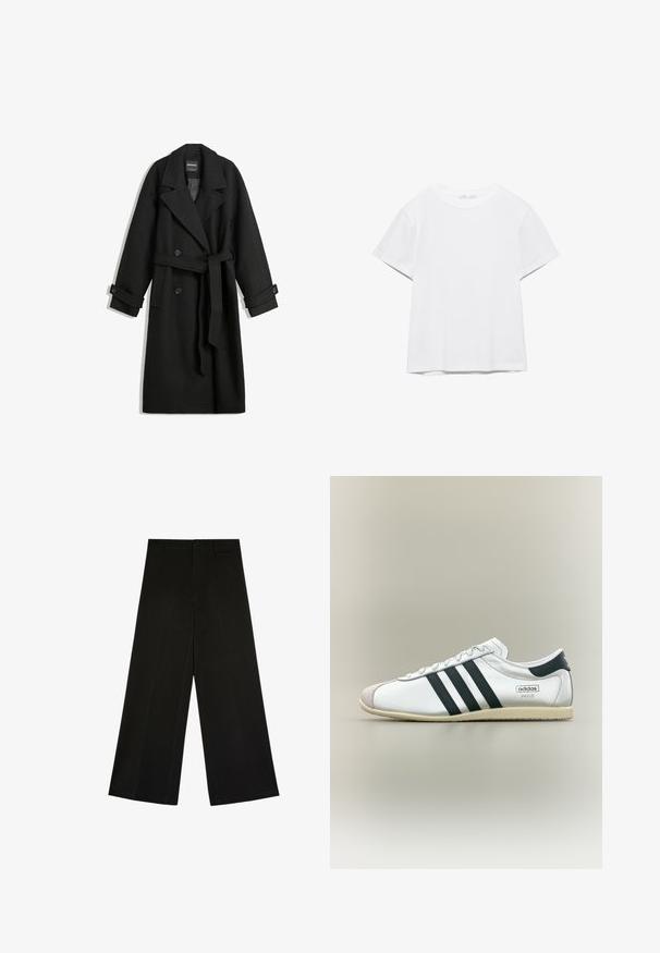 Schwarzer Wollmischungs-Mantel mit einem doppelt breiten Design, großen Revers, seitlichen Taschen und einem gebundenen Gürtel in der Taille. Mit Knopf-Akzenten.; Unifarbenes weißes T-Shirt mit kurzen Ärmeln und Rundhalsausschnitt, gerader Saum, dargestellt auf weißem Hintergrund.; Schwarze weit geschnittene Hose mit Knopf- und Reißverschluss, Gürtelschlaufen und vorderen Bügelfalten, flach auf weißem Hintergrund liegend.; Weißer Adidas Paris Sneaker mit schwarzen Streifen, beiger Sohle und Wildleder-Zehenkappe, von der Seite auf neutralem Hintergrund gezeigt.