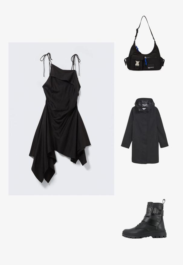 Sort vandtæt jakke med hætte, trykknaplukning, to sidelommer og en glat inderside. Har en lige pasform og lange ærmer.; Sort asymmetrisk kjole med tynde bindebånd, draperet bodice og lommetørklædeformet kant på en lysegrå baggrund.; Palladium Cowboy- / bikerstøvlette - black; Sort nylon skuldertaske med en buet form, justerbar strop, for- lomme med klap, blå detaljer og logo.