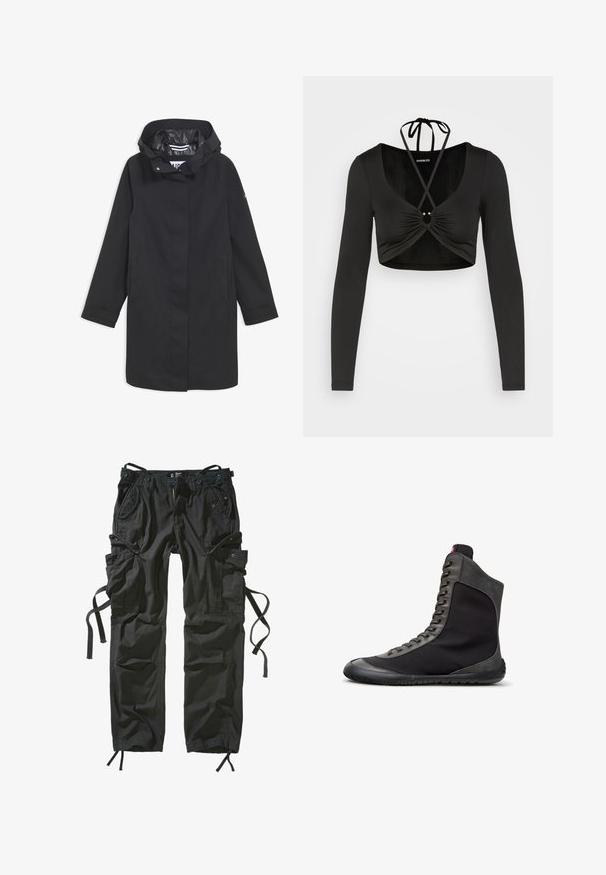 Sort vandtæt jakke med hætte, trykknaplukning, to sidelommer og en glat inderside. Har en lige pasform og lange ærmer.; Even&Odd Langærmet T-shirt - black; Sorte cargo-bukser lavet af letvægtsstof, med flere lommer, snore i siderne og en afslappet pasform med forstærkede syninger.; Sort højtopsneaker med grå ruskindskant, snørelukning foran og en flad gummisål vist i højre sideprofil på hvid baggrund.